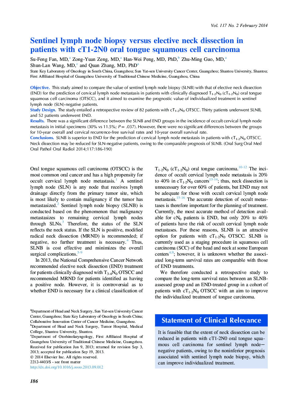 Sentinel lymph node biopsy versus elective neck dissection in patients with cT1-2N0 oral tongue squamous cell carcinoma