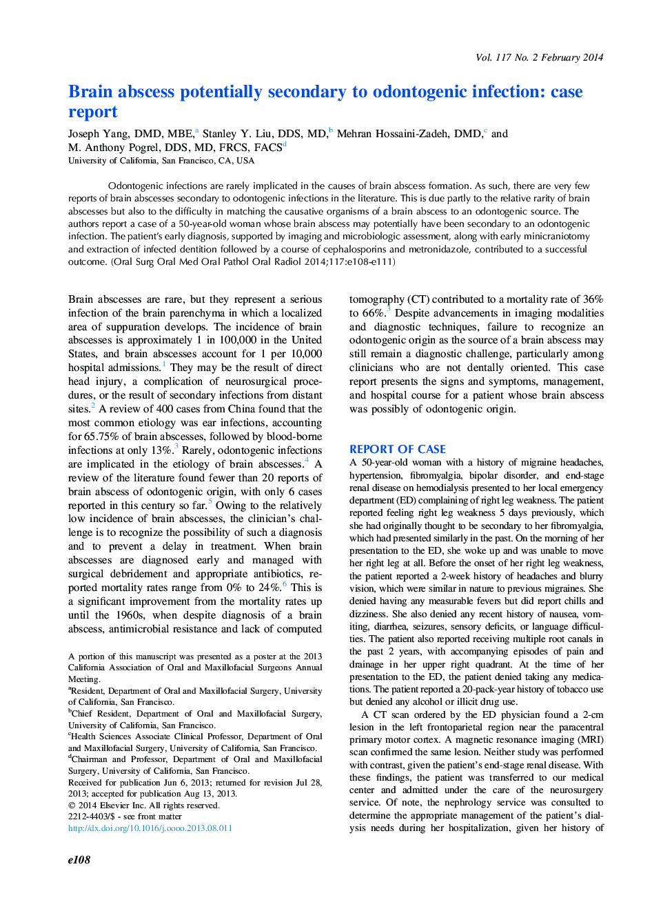 Brain abscess potentially secondary to odontogenic infection: case report