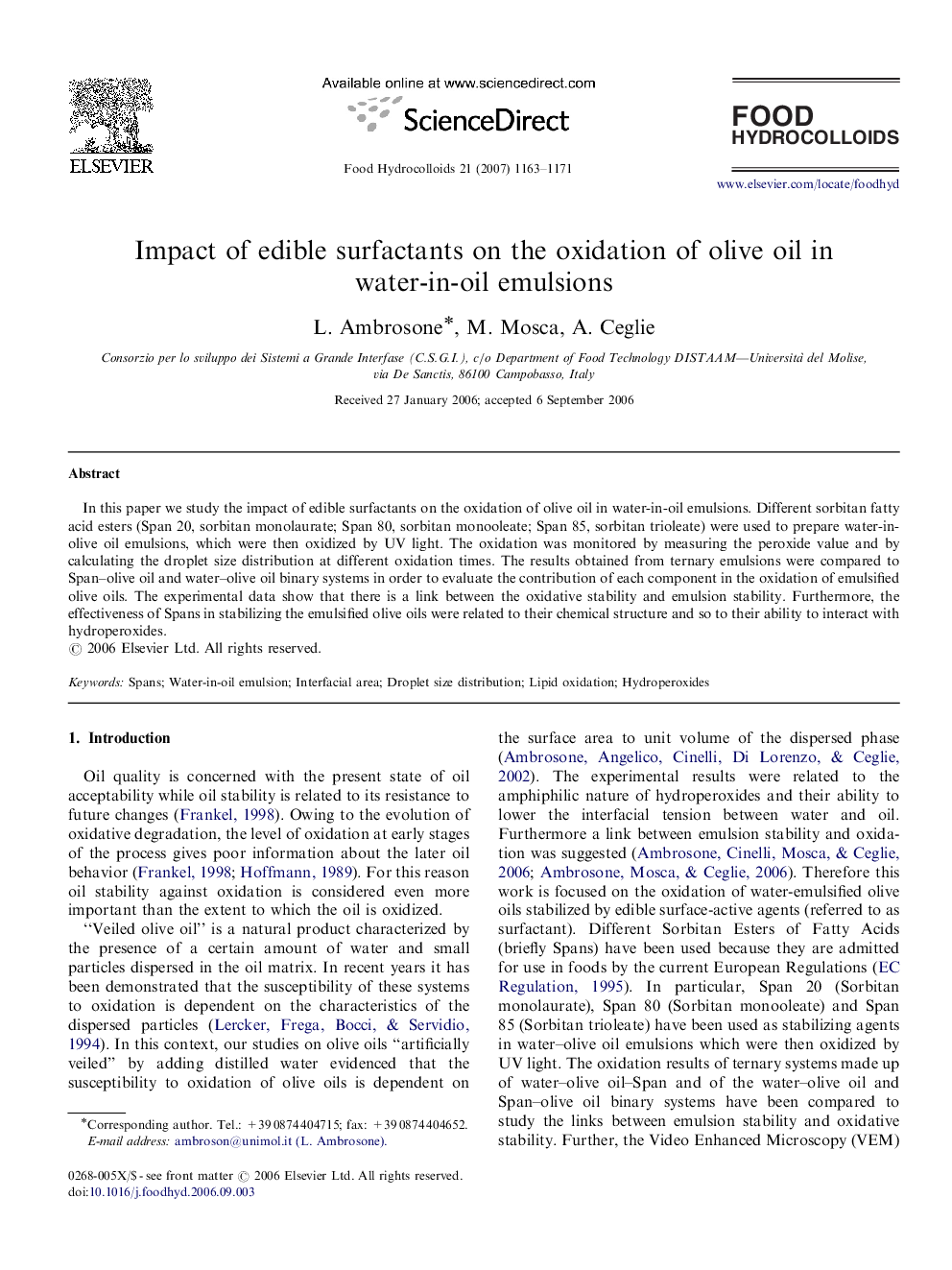 Impact of edible surfactants on the oxidation of olive oil in water-in-oil emulsions