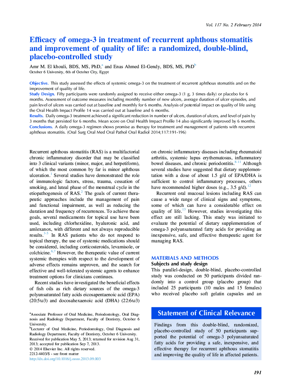 Efficacy of omega-3 in treatment of recurrent aphthous stomatitis and improvement of quality of life: a randomized, double-blind, placebo-controlled study