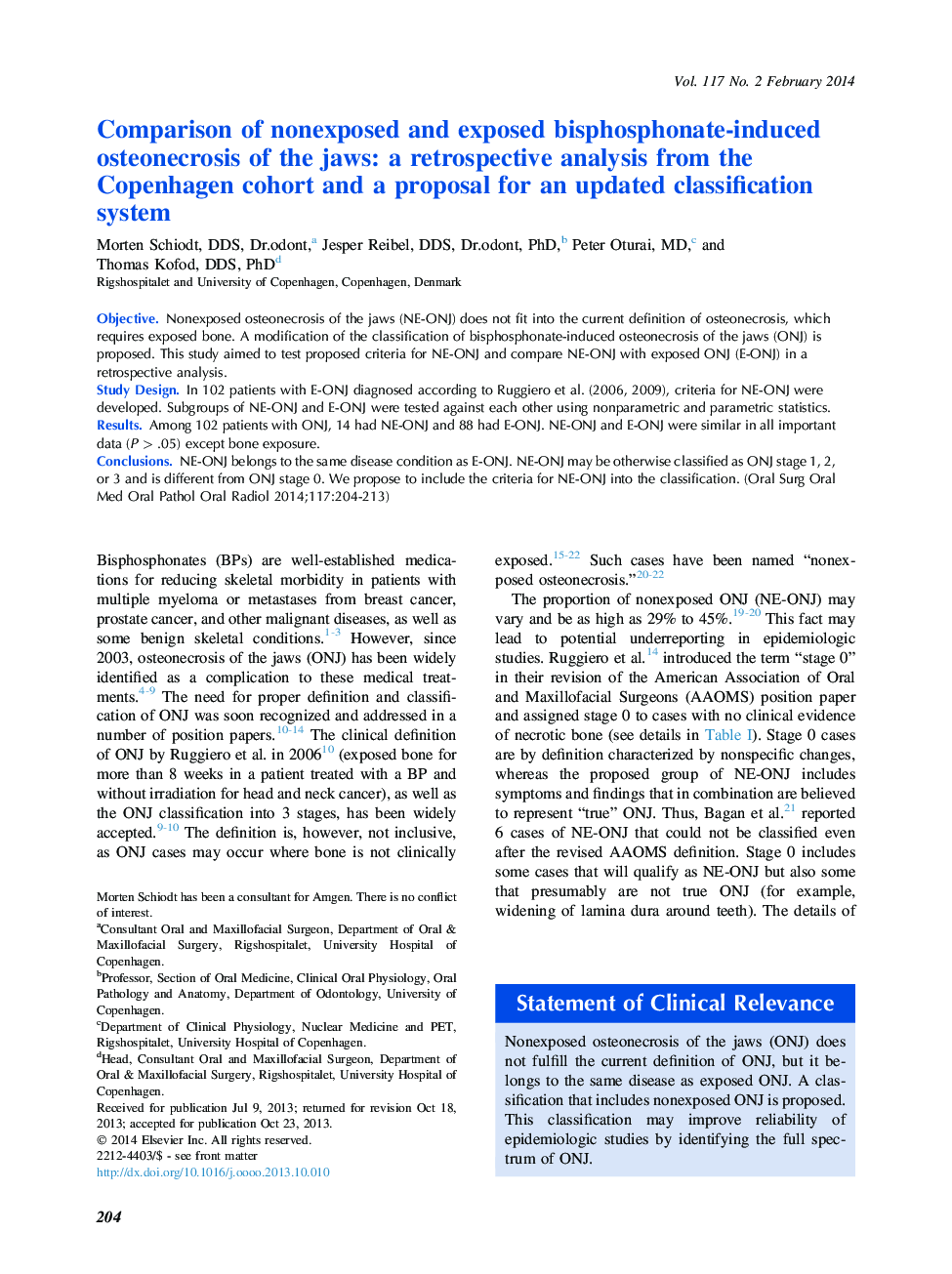 Comparison of nonexposed and exposed bisphosphonate-induced osteonecrosis of the jaws: a retrospective analysis from the Copenhagen cohort and a proposal for an updated classification system