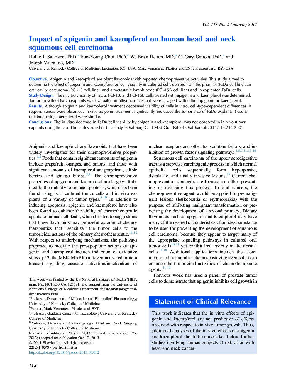 Oral medicineImpact of apigenin and kaempferol on human head and neck squamous cell carcinoma