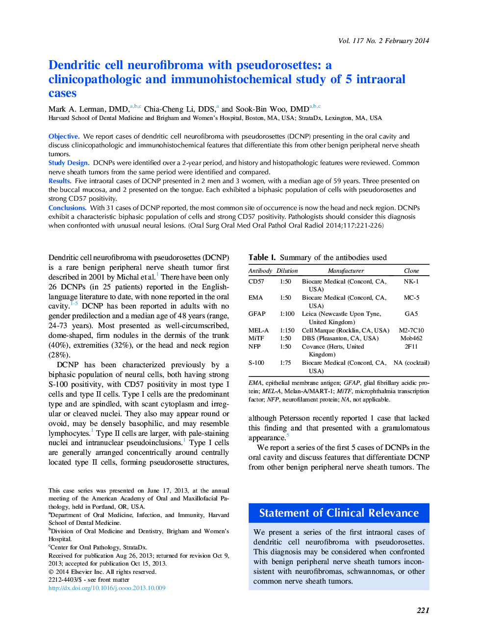 Dendritic cell neurofibroma with pseudorosettes: a clinicopathologic and immunohistochemical study of 5 intraoral cases