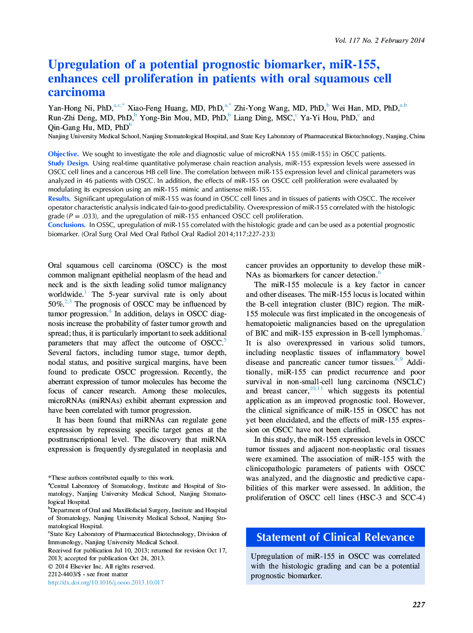 Upregulation of a potential prognostic biomarker, miR-155, enhances cell proliferation in patients with oral squamous cell carcinoma