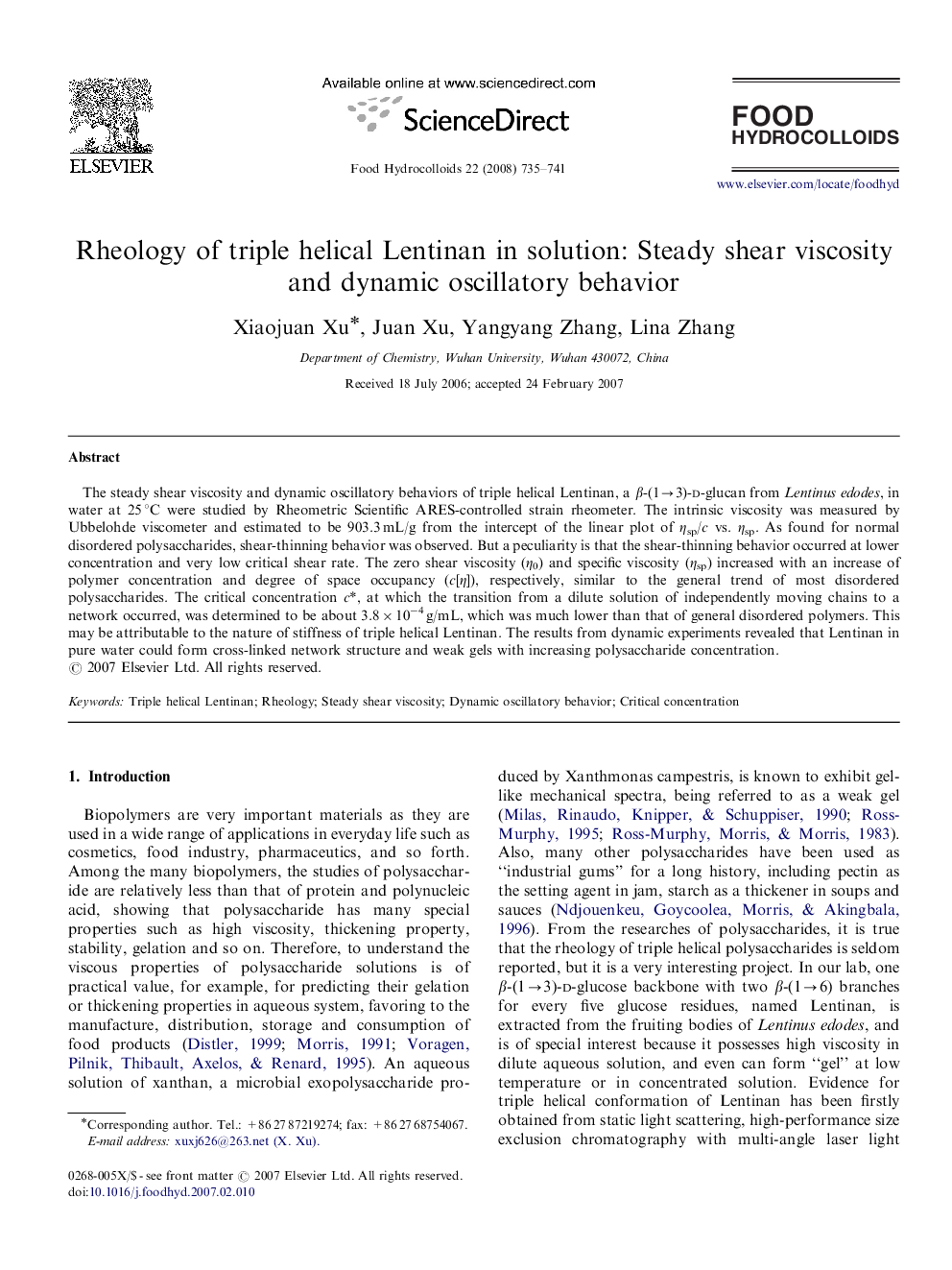 Rheology of triple helical Lentinan in solution: Steady shear viscosity and dynamic oscillatory behavior