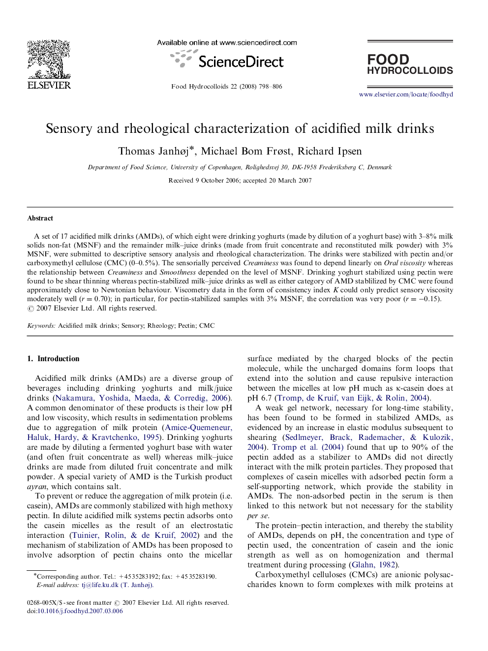 Sensory and rheological characterization of acidified milk drinks