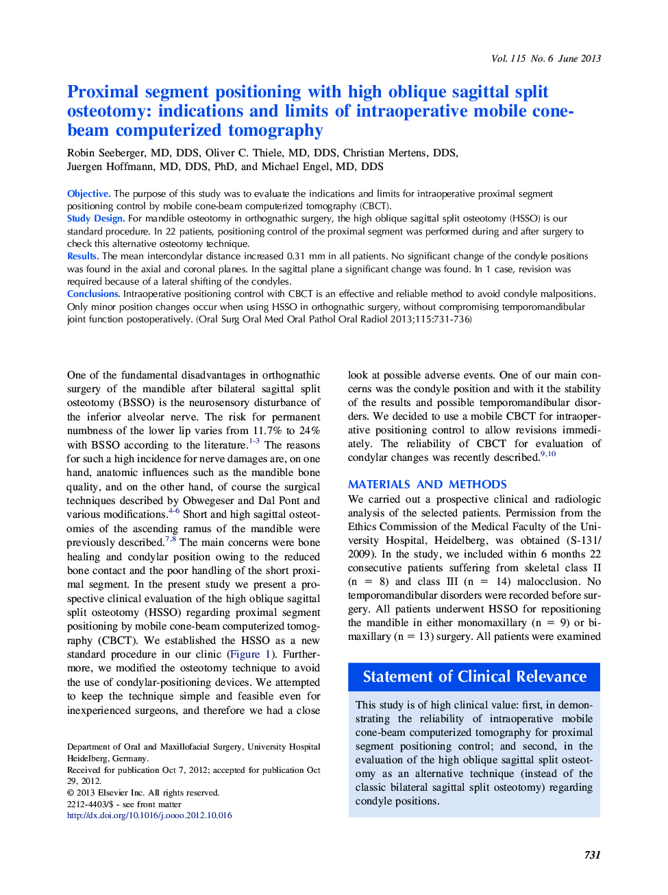 Proximal segment positioning with high oblique sagittal split osteotomy: indications and limits of intraoperative mobile cone-beam computerized tomography