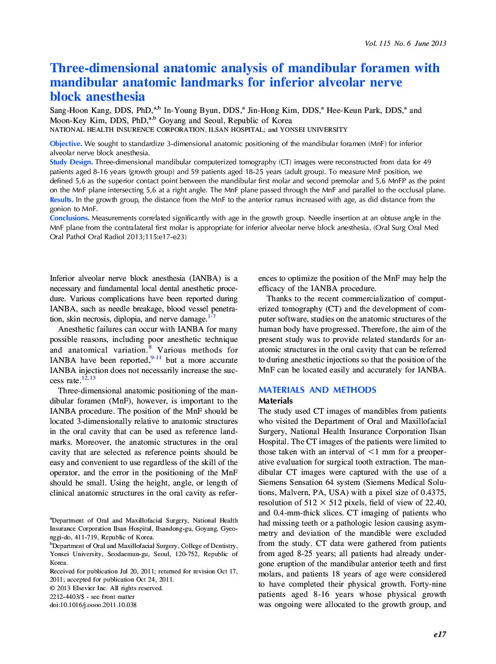 Three-dimensional anatomic analysis of mandibular foramen with mandibular anatomic landmarks for inferior alveolar nerve block anesthesia