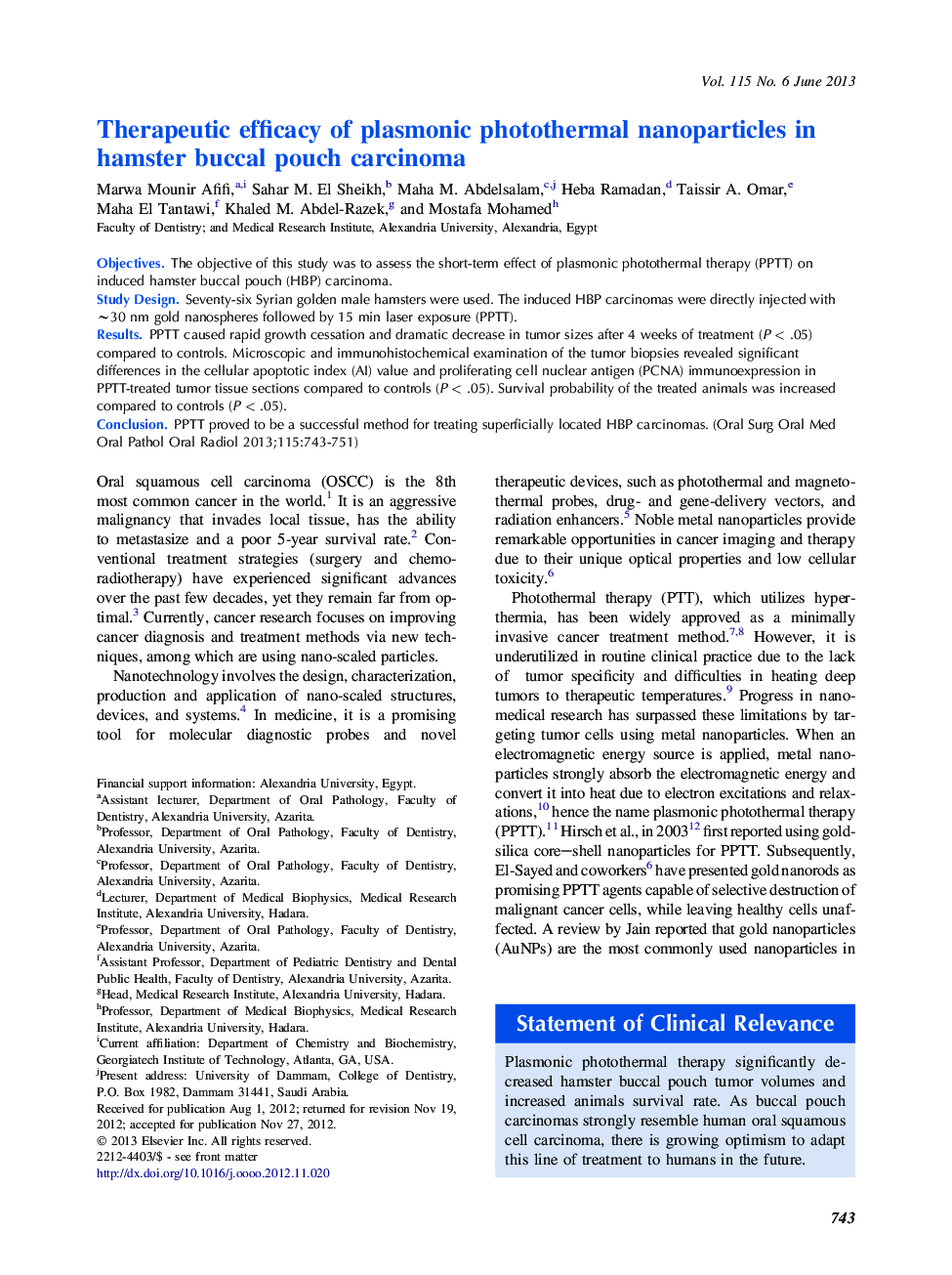 Therapeutic efficacy of plasmonic photothermal nanoparticles in hamster buccal pouch carcinoma