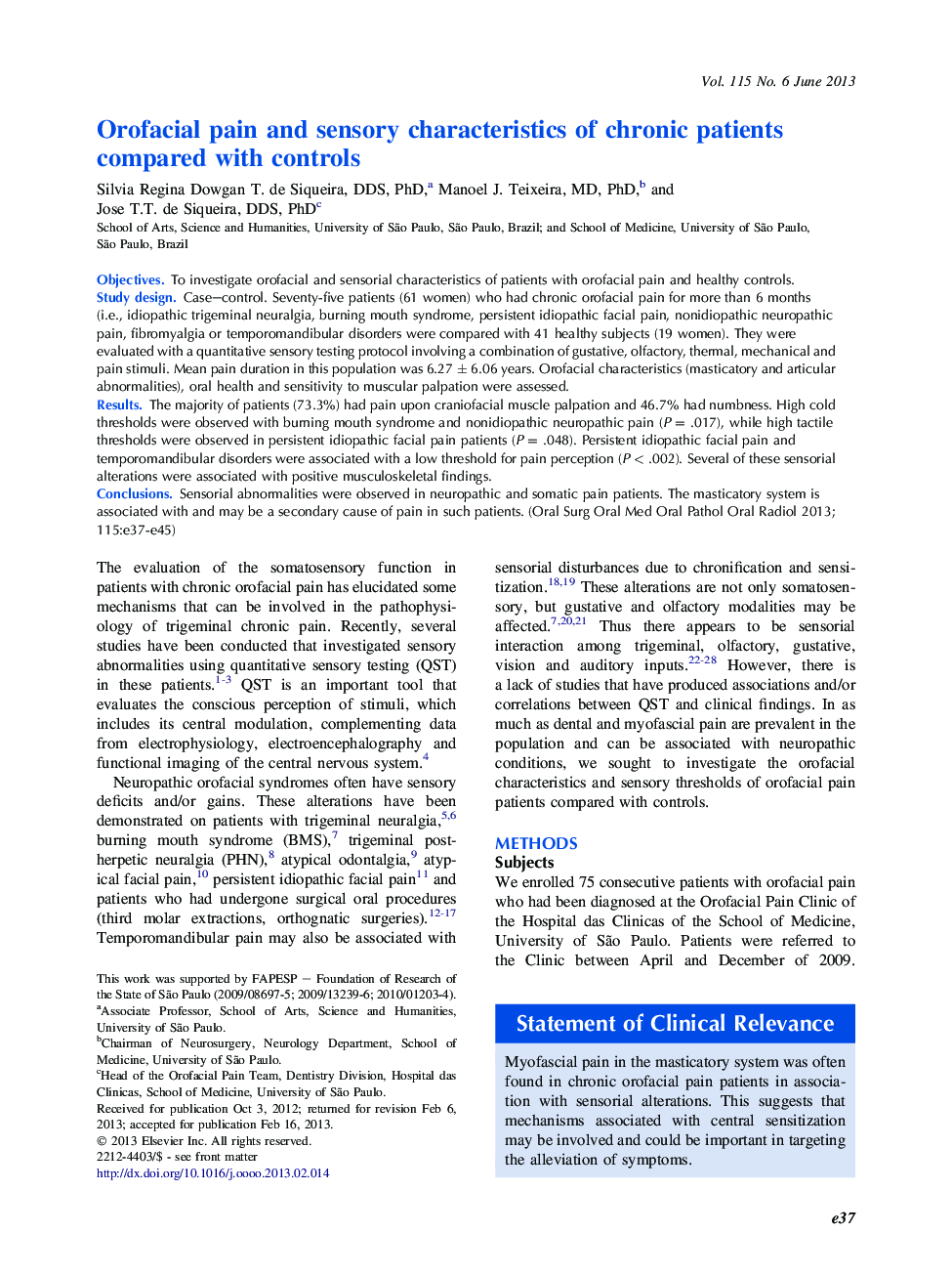 Oral medicineOnline only articleOrofacial pain and sensory characteristics of chronic patients compared with controls