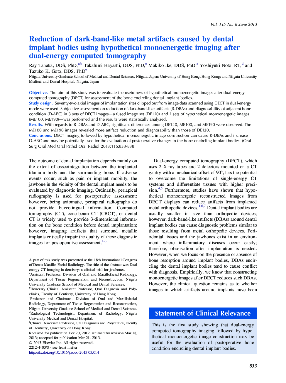 Reduction of dark-band-like metal artifacts caused by dental implant bodies using hypothetical monoenergetic imaging after dual-energy computed tomography