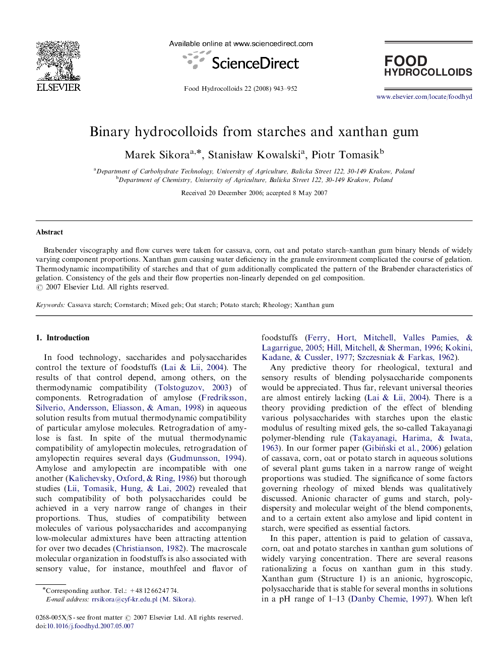 Binary hydrocolloids from starches and xanthan gum