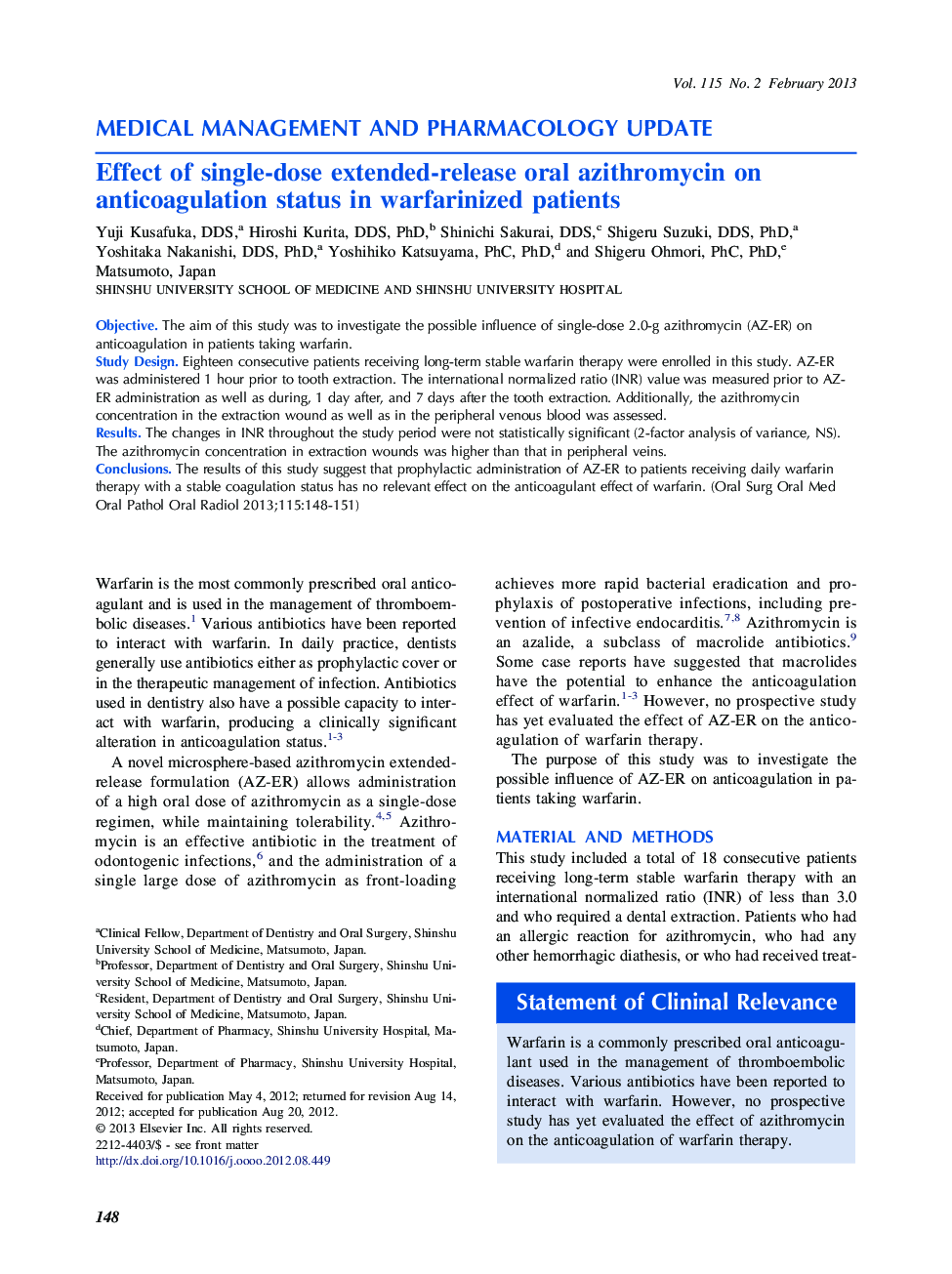 Effect of single-dose extended-release oral azithromycin on anticoagulation status in warfarinized patients