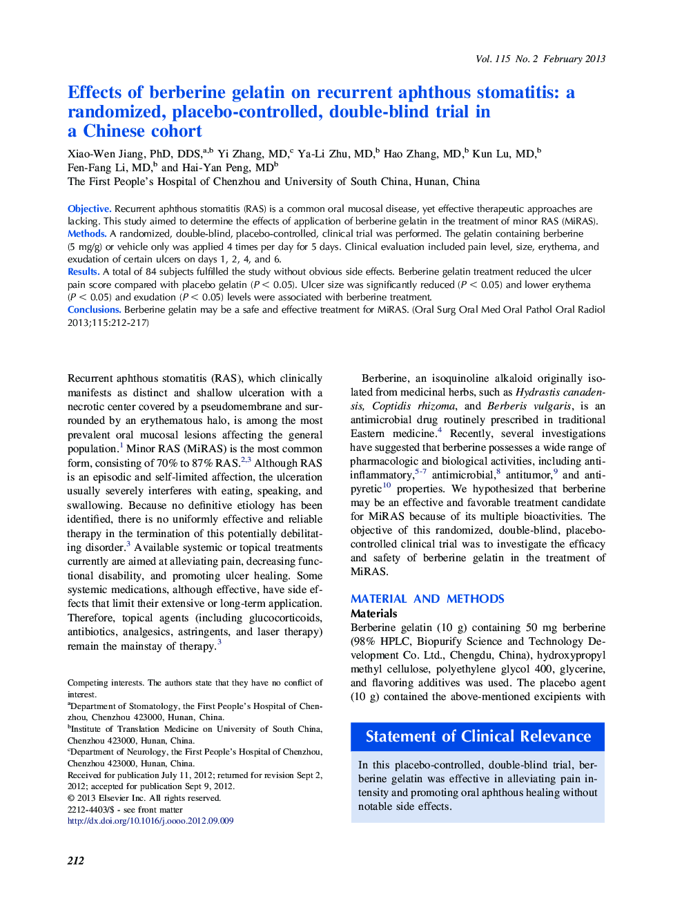 Oral medicineEffects of berberine gelatin on recurrent aphthous stomatitis: a randomized, placebo-controlled, double-blind trial in a Chinese cohort