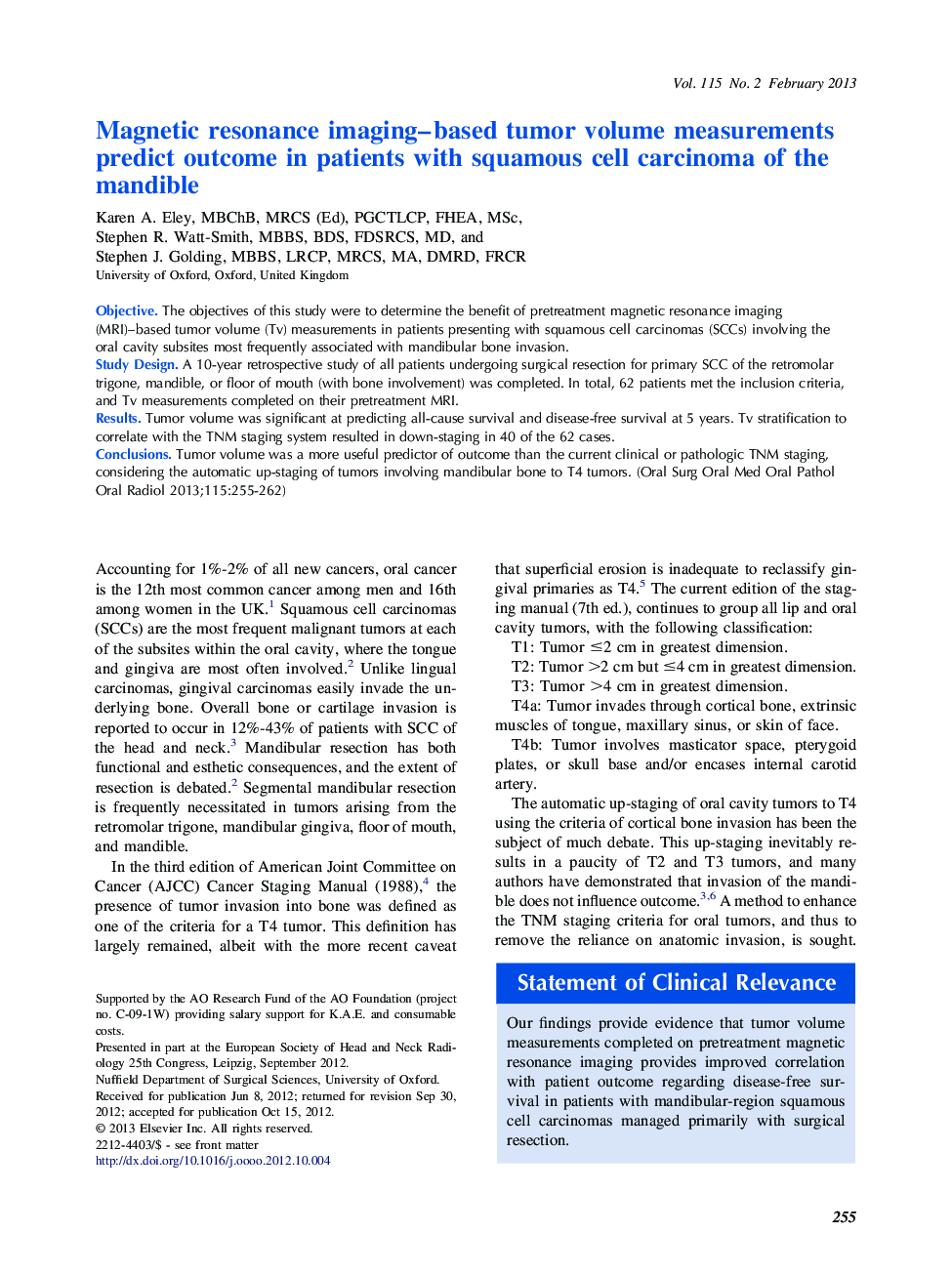 Magnetic resonance imaging-based tumor volume measurements predict outcome in patients with squamous cell carcinoma of the mandible