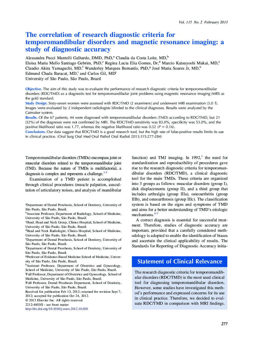 The correlation of research diagnostic criteria for temporomandibular disorders and magnetic resonance imaging: a study of diagnostic accuracy