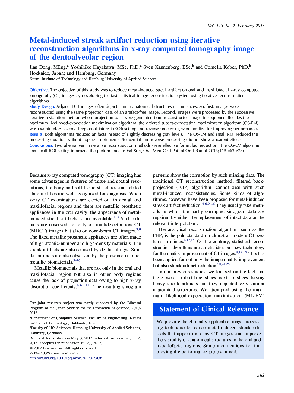 Metal-induced streak artifact reduction using iterative reconstruction algorithms in x-ray computed tomography image of the dentoalveolar region