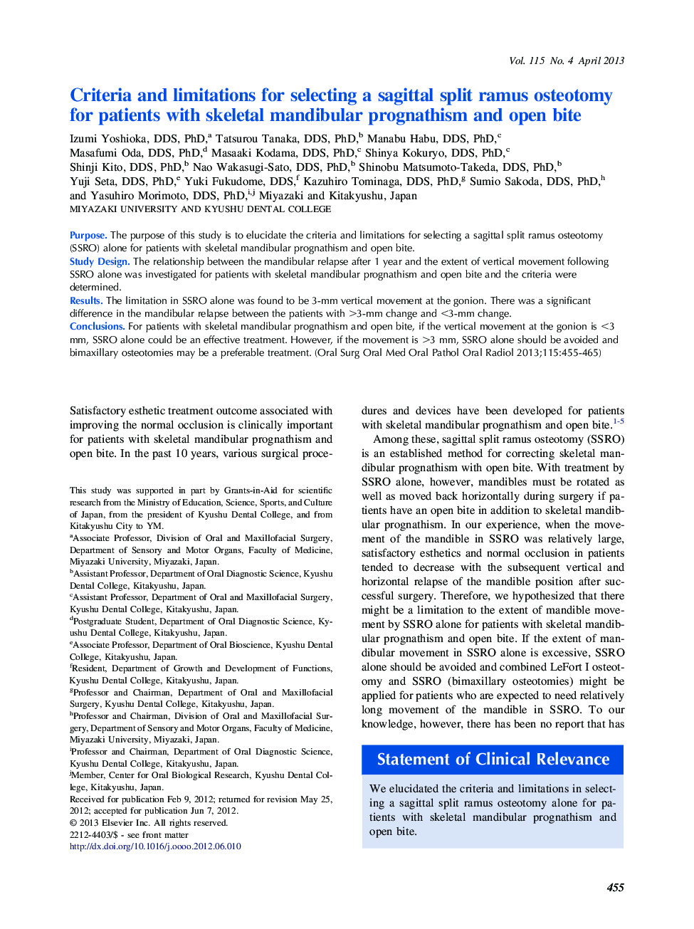 Criteria and limitations for selecting a sagittal split ramus osteotomy for patients with skeletal mandibular prognathism and open bite