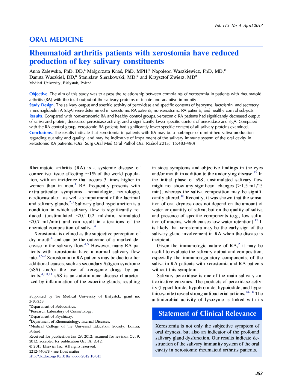 Rheumatoid arthritis patients with xerostomia have reduced production of key salivary constituents