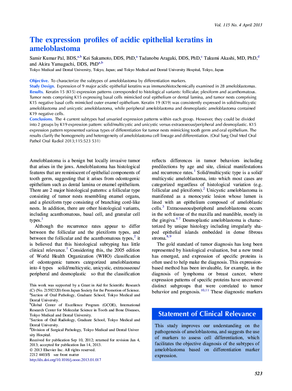 Oral and maxillofacial pathologyThe expression profiles of acidic epithelial keratins in ameloblastoma