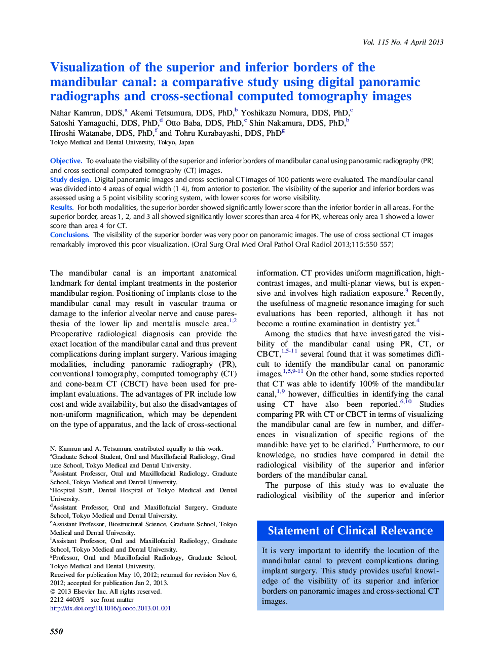 Visualization of the superior and inferior borders of the mandibular canal: a comparative study using digital panoramic radiographs and cross-sectional computed tomography images