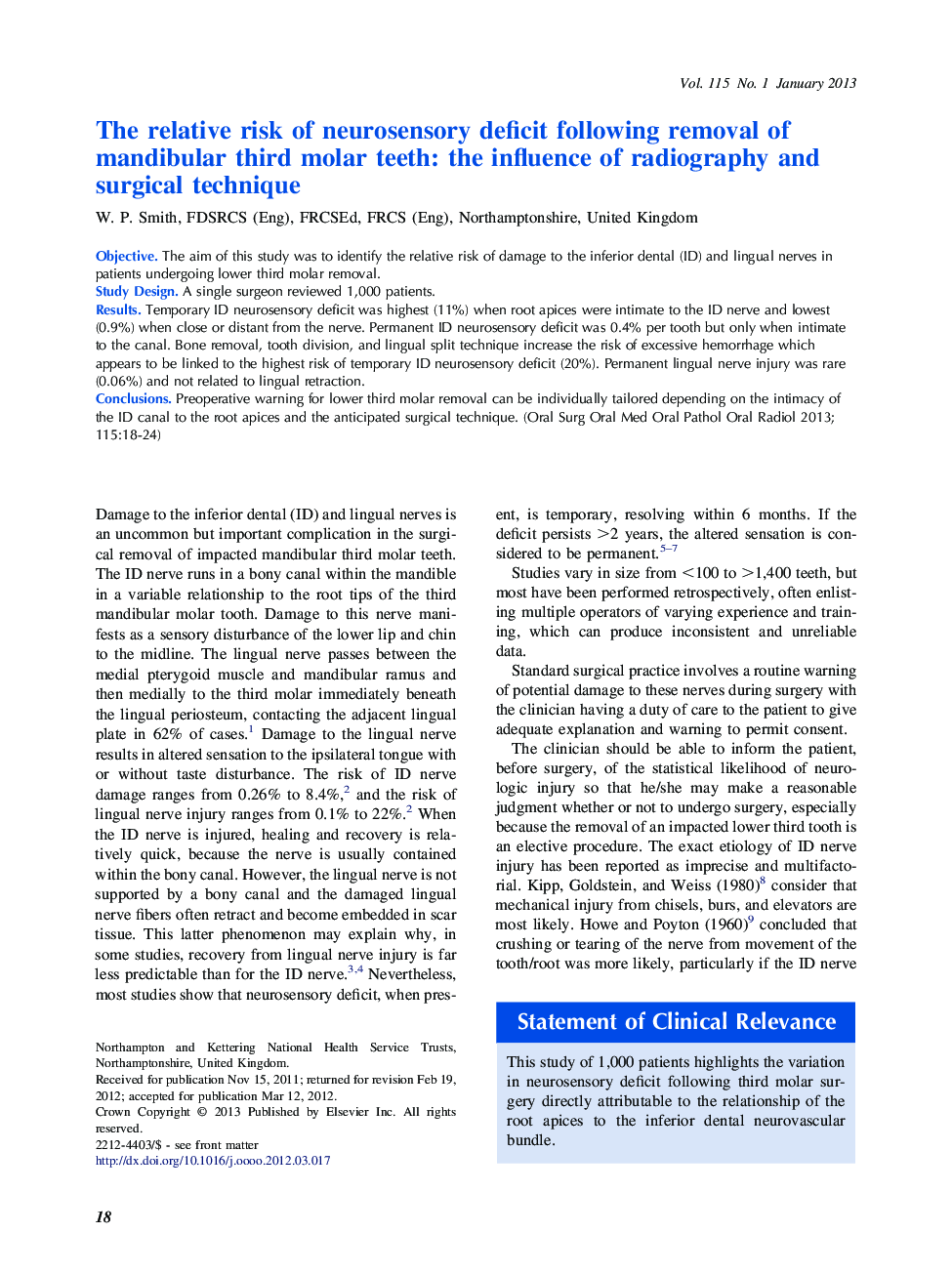 The relative risk of neurosensory deficit following removal of mandibular third molar teeth: the influence of radiography and surgical technique