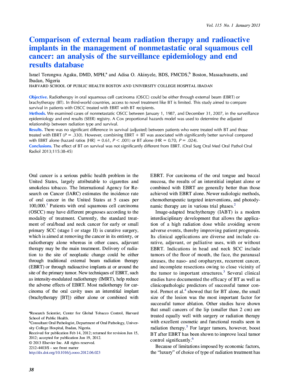 Comparison of external beam radiation therapy and radioactive implants in the management of nonmetastatic oral squamous cell cancer: an analysis of the surveillance epidemiology and end results database