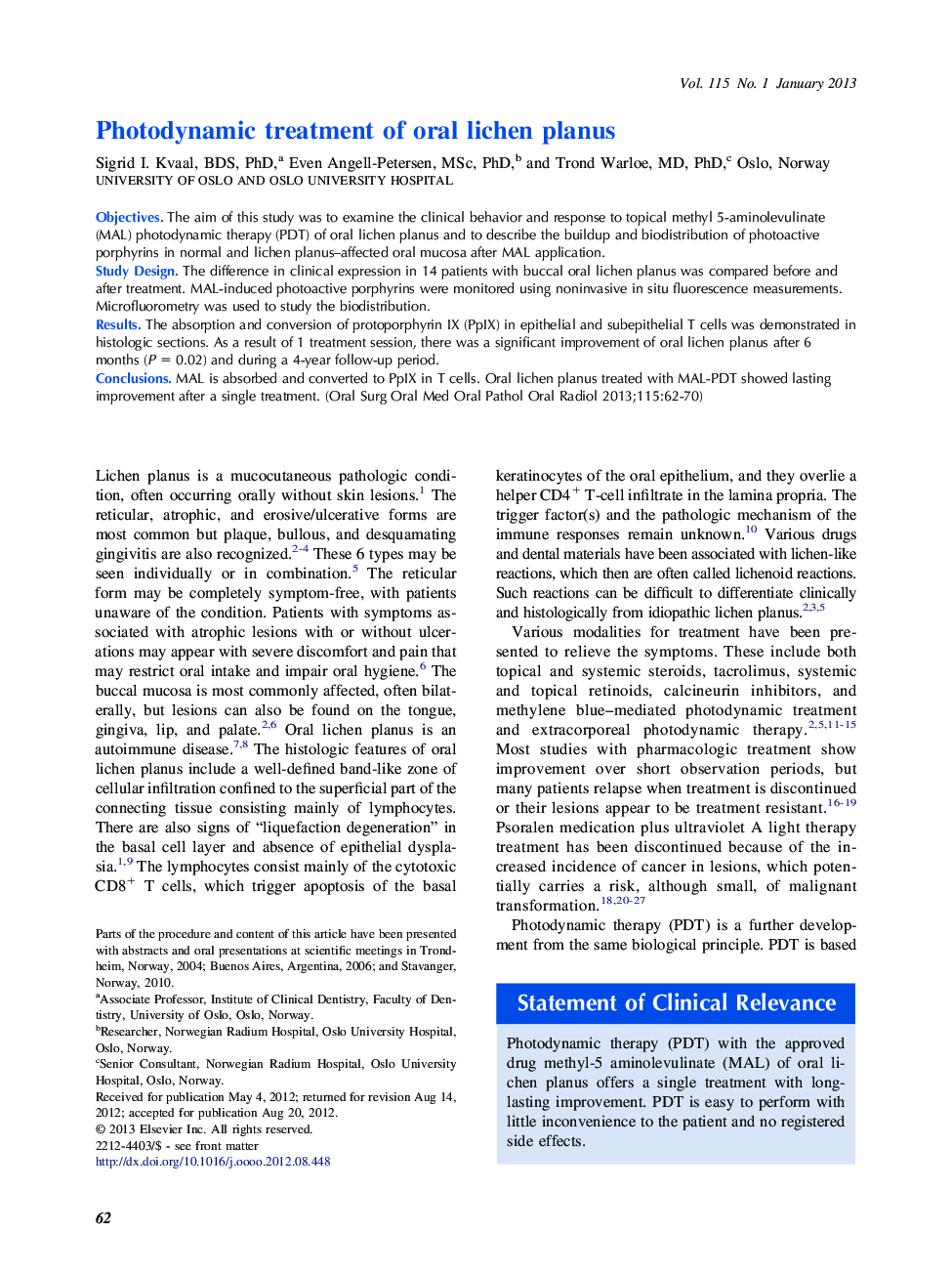 Photodynamic treatment of oral lichen planus