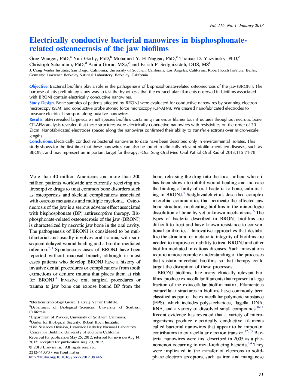 Electrically conductive bacterial nanowires in bisphosphonate-related osteonecrosis of the jaw biofilms