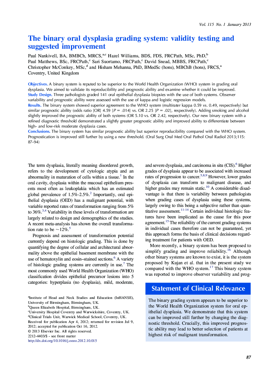 The binary oral dysplasia grading system: validity testing and suggested improvement