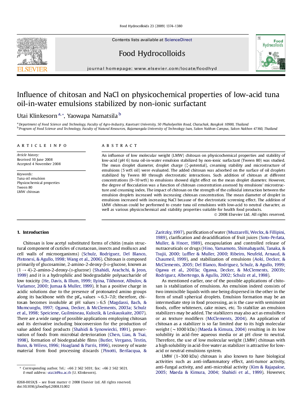 Influence of chitosan and NaCl on physicochemical properties of low-acid tuna oil-in-water emulsions stabilized by non-ionic surfactant