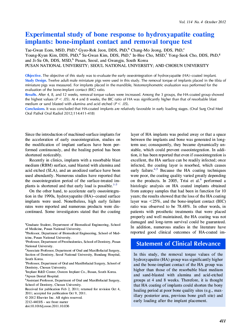 Experimental study of bone response to hydroxyapatite coating implants: bone-implant contact and removal torque test