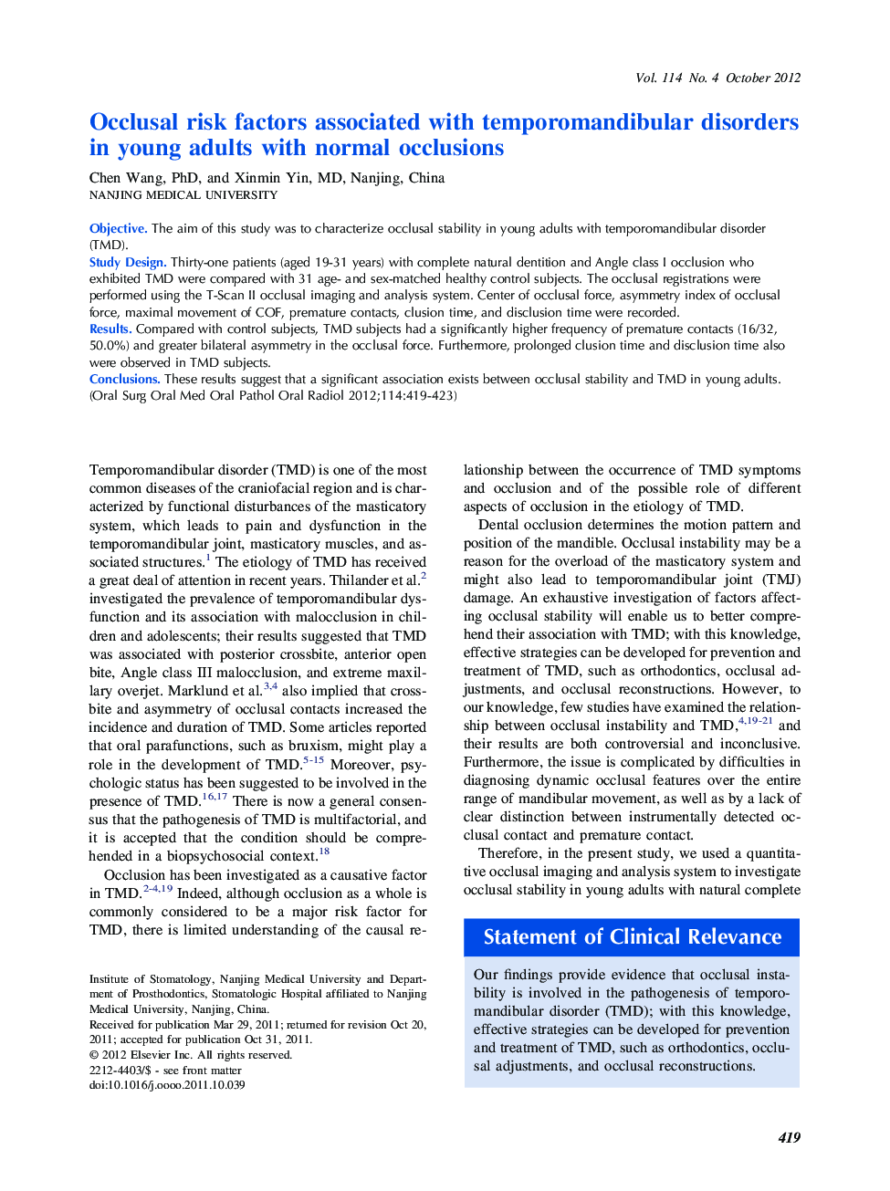 Occlusal risk factors associated with temporomandibular disorders in young adults with normal occlusions