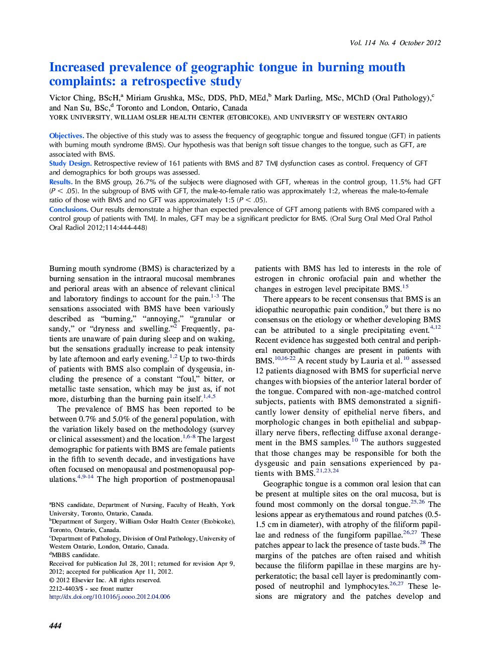 Increased prevalence of geographic tongue in burning mouth complaints: a retrospective study