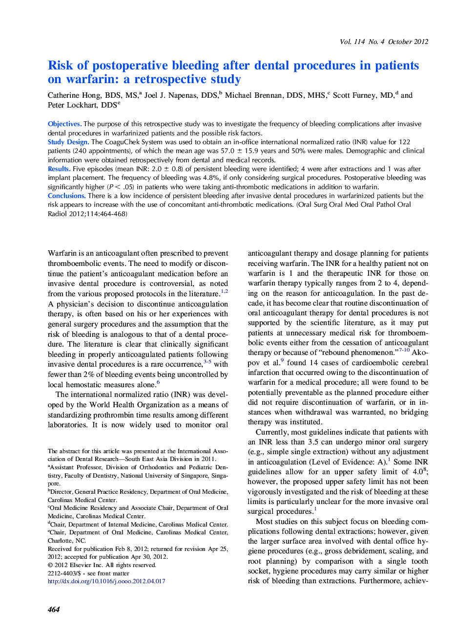 Risk of postoperative bleeding after dental procedures in patients on warfarin: a retrospective study