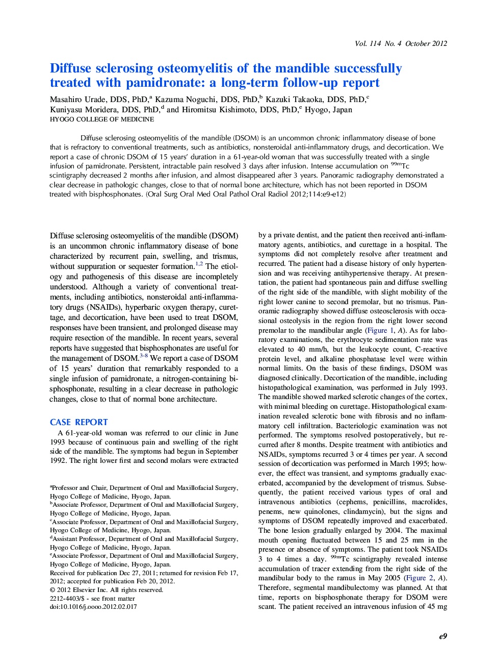 Diffuse sclerosing osteomyelitis of the mandible successfully treated with pamidronate: a long-term follow-up report