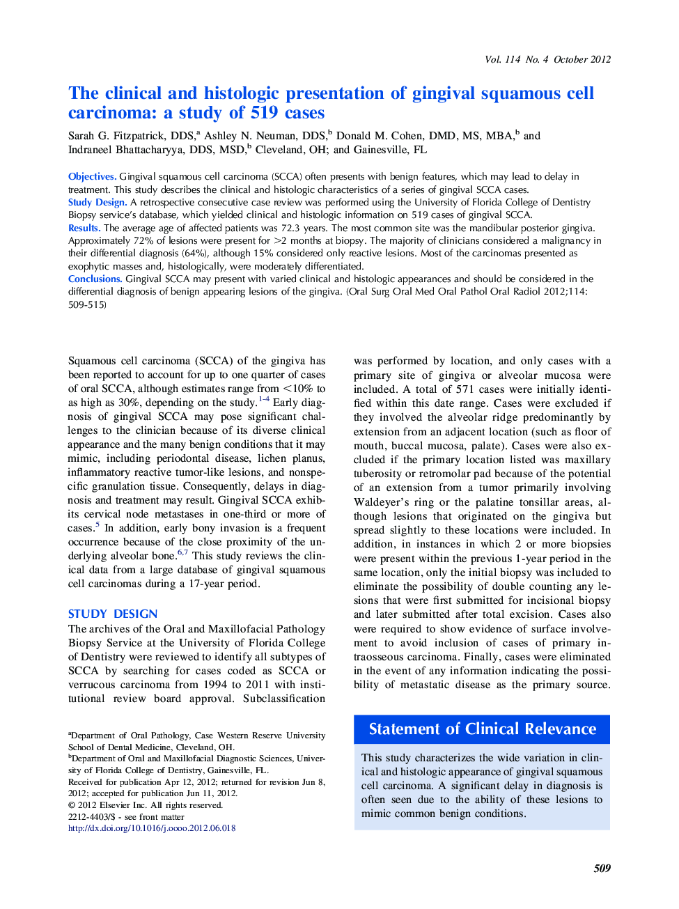 The clinical and histologic presentation of gingival squamous cell carcinoma: a study of 519 cases