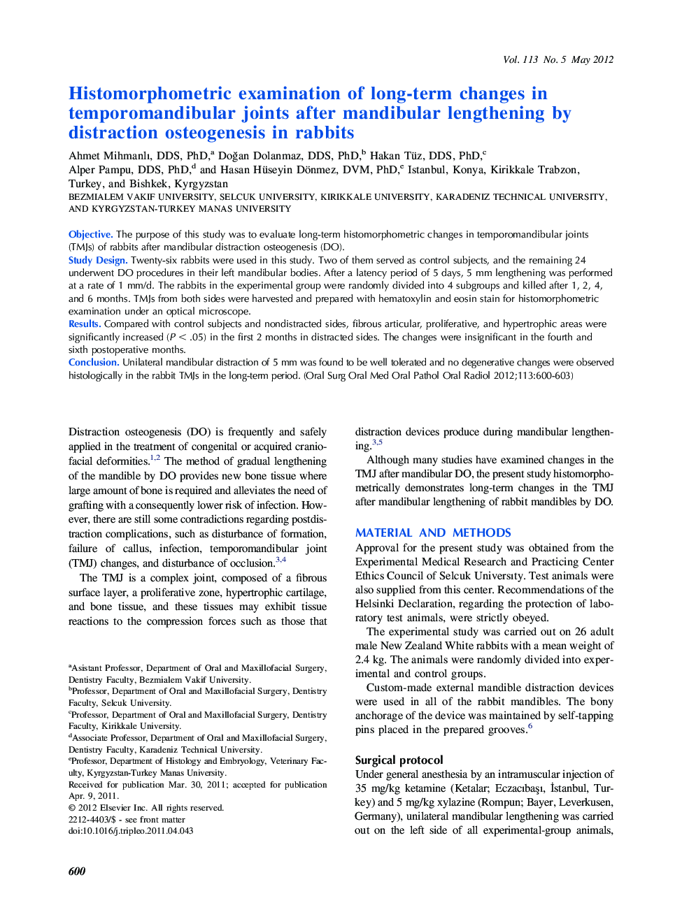 Histomorphometric examination of long-term changes in temporomandibular joints after mandibular lengthening by distraction osteogenesis in rabbits