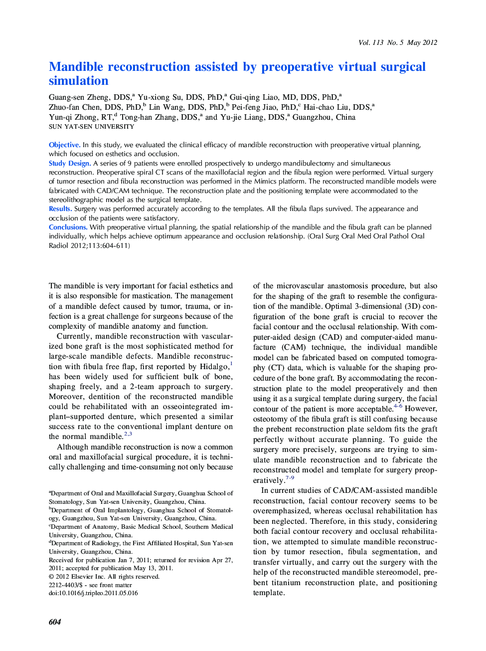 Oral and maxillofacial surgeryMandible reconstruction assisted by preoperative virtual surgical simulation