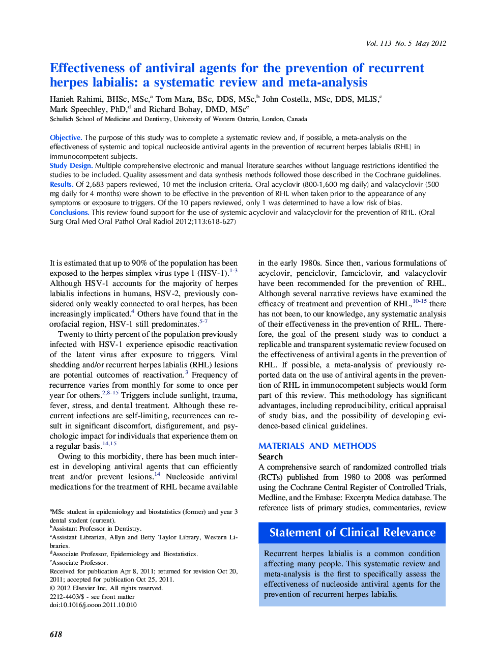 Effectiveness of antiviral agents for the prevention of recurrent herpes labialis: a systematic review and meta-analysis