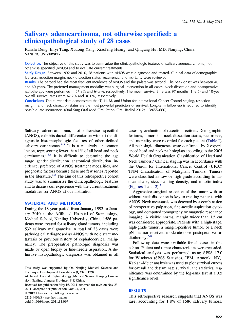 Salivary adenocarcinoma, not otherwise specified: a clinicopathological study of 28 cases