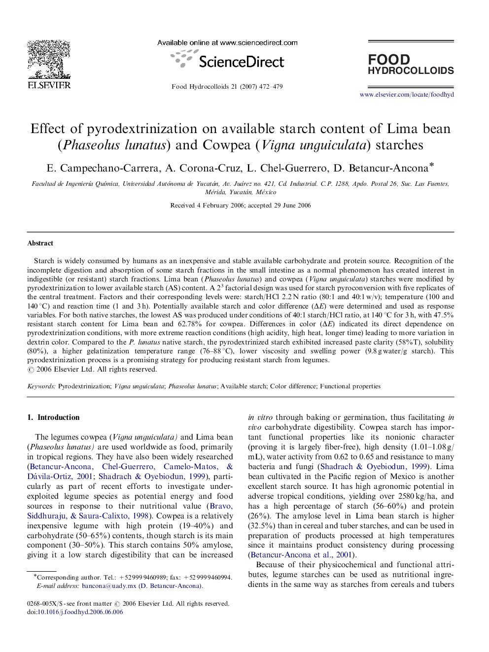 Effect of pyrodextrinization on available starch content of Lima bean (Phaseolus lunatus) and Cowpea (Vigna unguiculata) starches