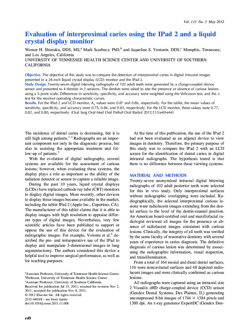 Oral and maxillofacial radiologyOnline only articleEvaluation of interproximal caries using the IPad 2 and a liquid crystal display monitor