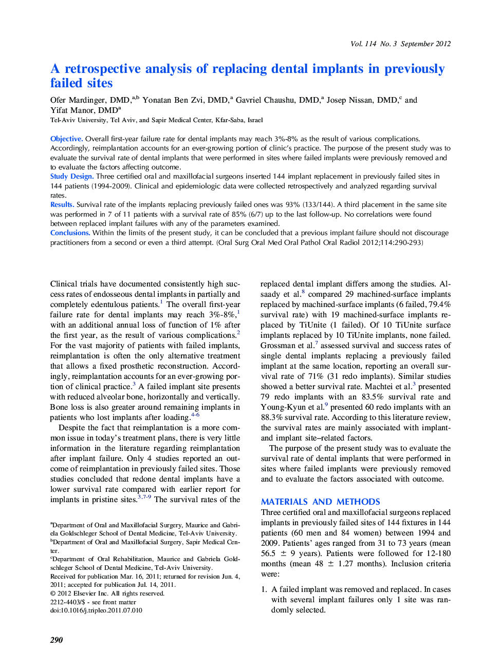 Oral and maxillofacial surgeryA retrospective analysis of replacing dental implants in previously failed sites