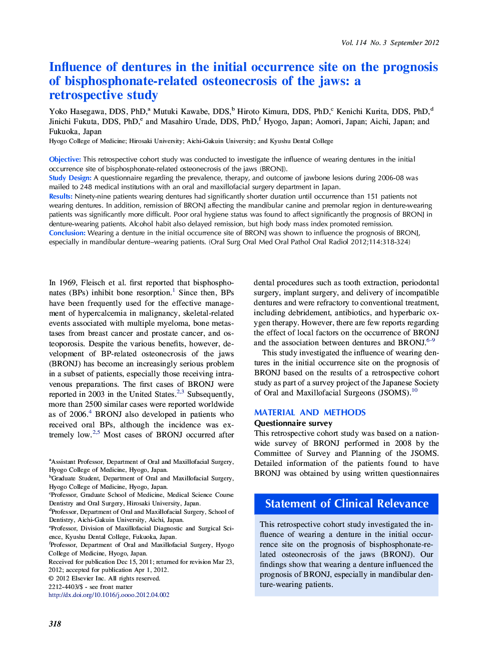 Influence of dentures in the initial occurrence site on the prognosis of bisphosphonate-related osteonecrosis of the jaws: a retrospective study