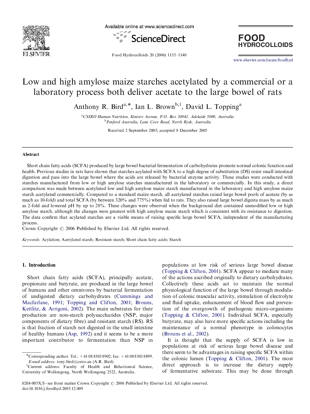 Low and high amylose maize starches acetylated by a commercial or a laboratory process both deliver acetate to the large bowel of rats