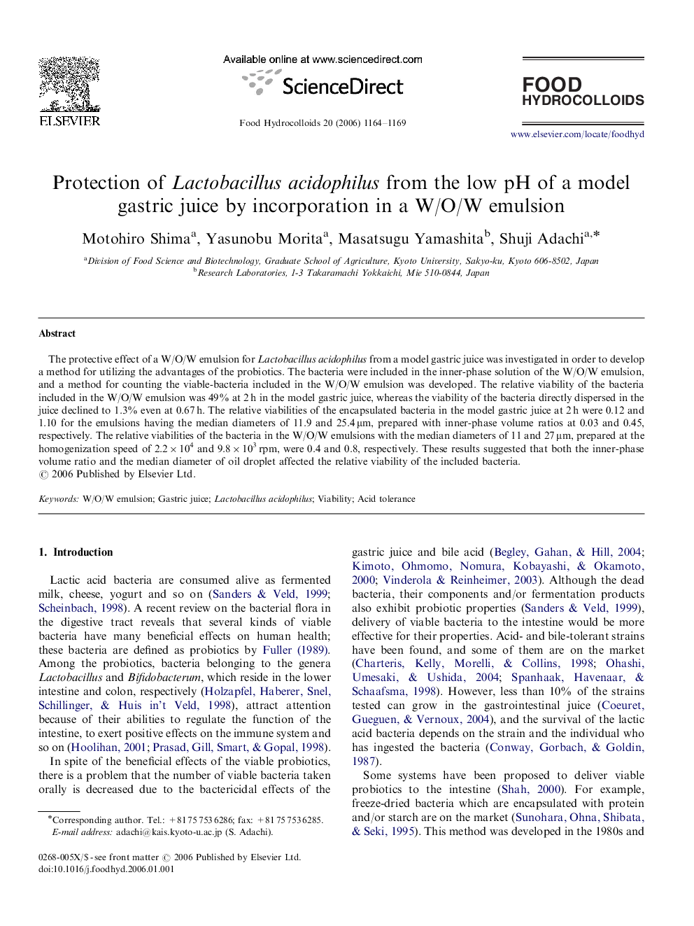 Protection of Lactobacillus acidophilus from the low pH of a model gastric juice by incorporation in a W/O/W emulsion