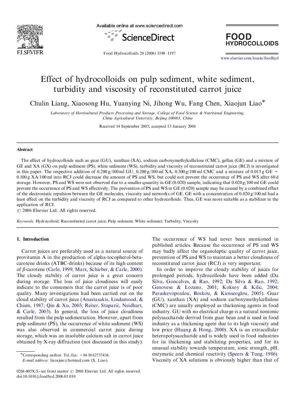 Effect of hydrocolloids on pulp sediment, white sediment, turbidity and viscosity of reconstituted carrot juice