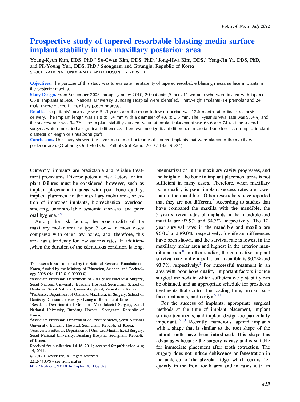 Oral and maxillofacial surgeryOnline only articleProspective study of tapered resorbable blasting media surface implant stability in the maxillary posterior area