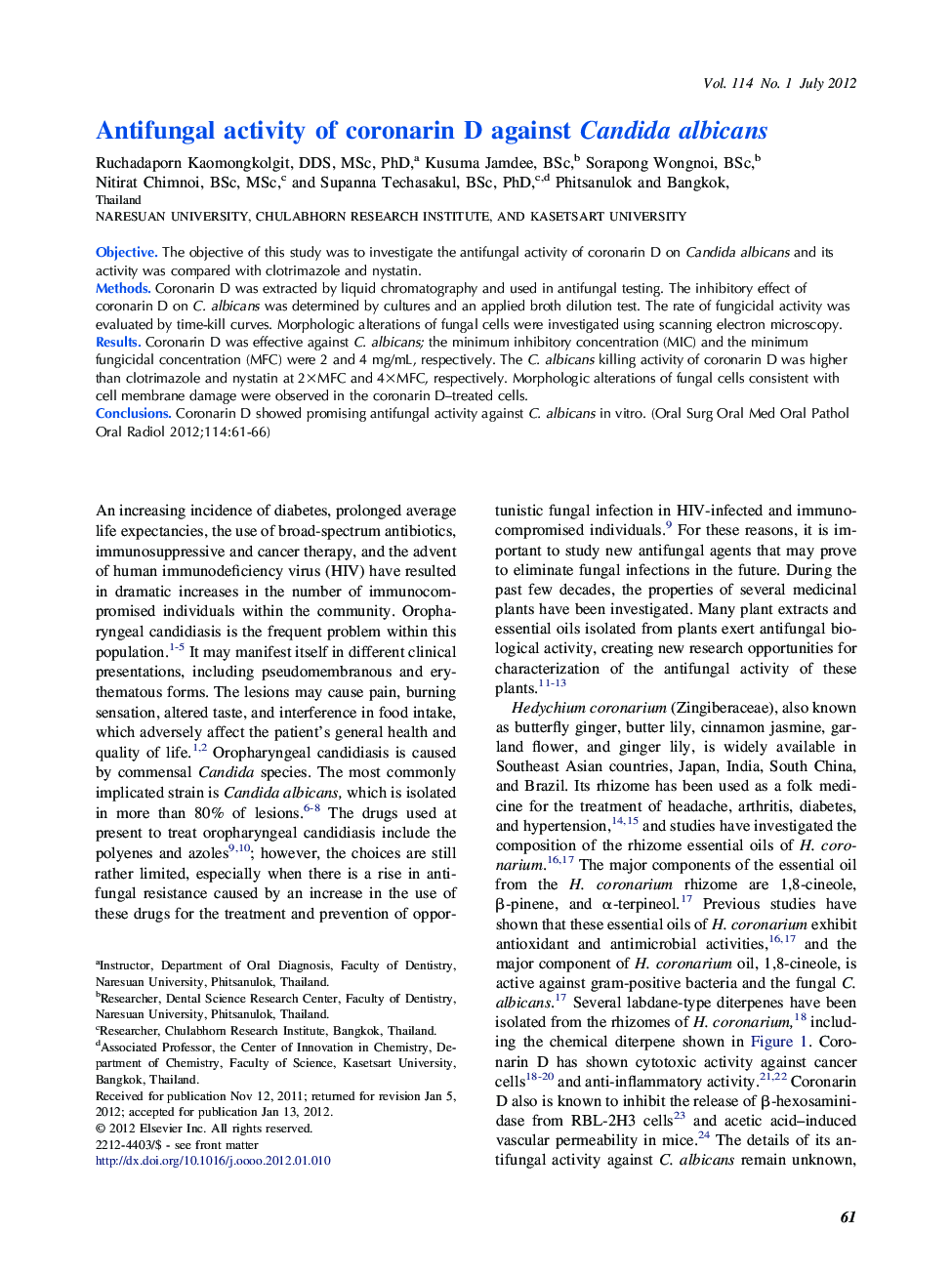 Oral medicineAntifungal activity of coronarin D against Candida albicans